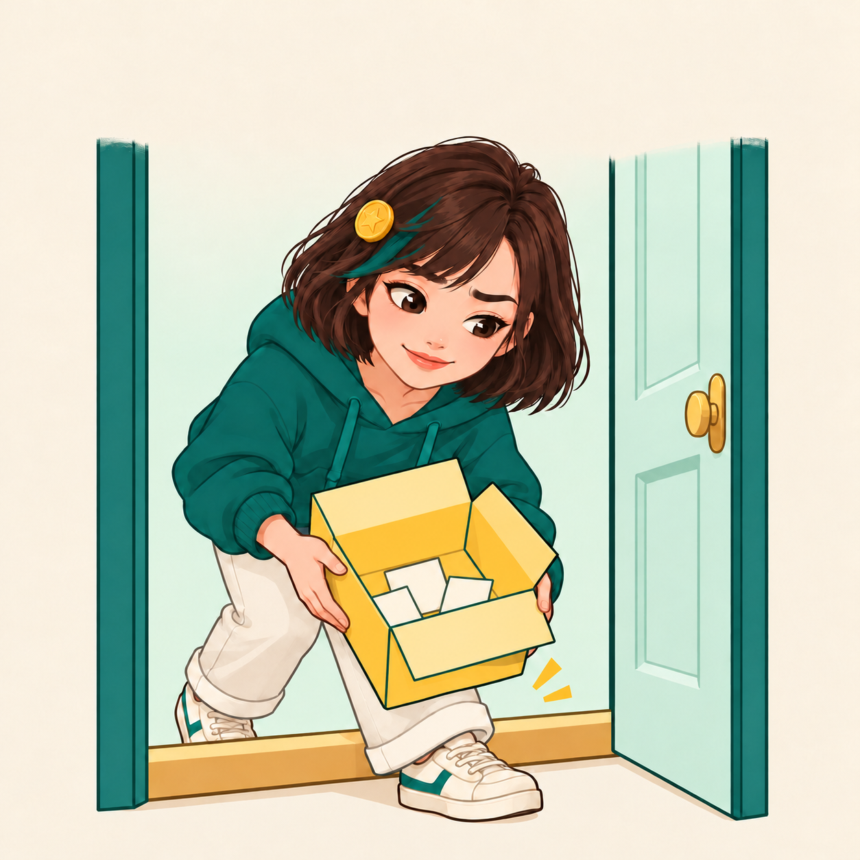 Yibao, an illustrated girl in a teal hoodie with a coin hairclip, carries an open yellow box over a doorway.