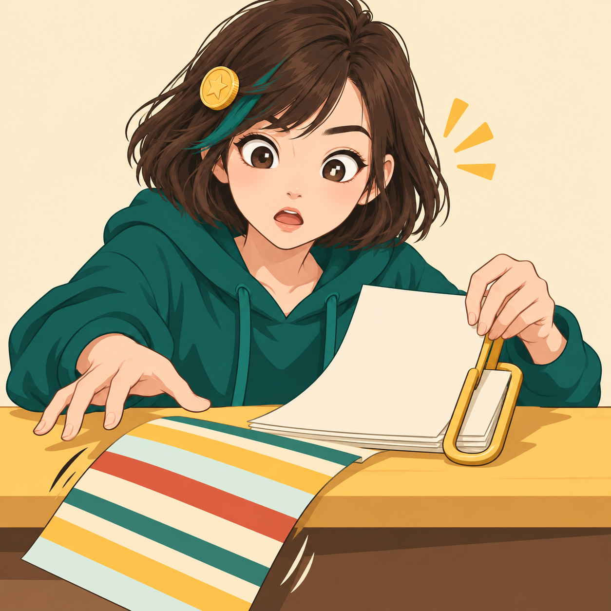 Yibao, an illustrated girl in a teal hoodie and star coin hairclip, holds a plain sheet with a large paperclip while reaching for a striped sheet sliding off her desk.