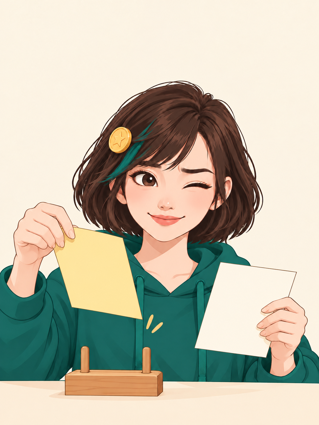 Yibao, an illustrated girl in a teal hoodie with a coin hairclip, lifts a yellow card clear of an empty wooden stand while holding a fresh sheet.