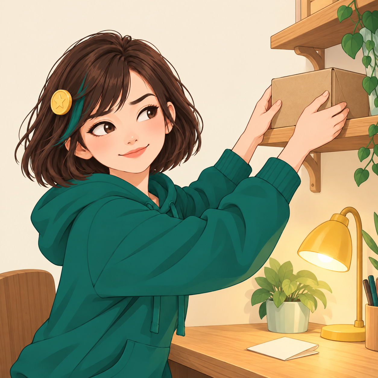 Yibao, an illustrated girl in a teal hoodie with a coin hairclip, puts a cardboard box on a wooden shelf.