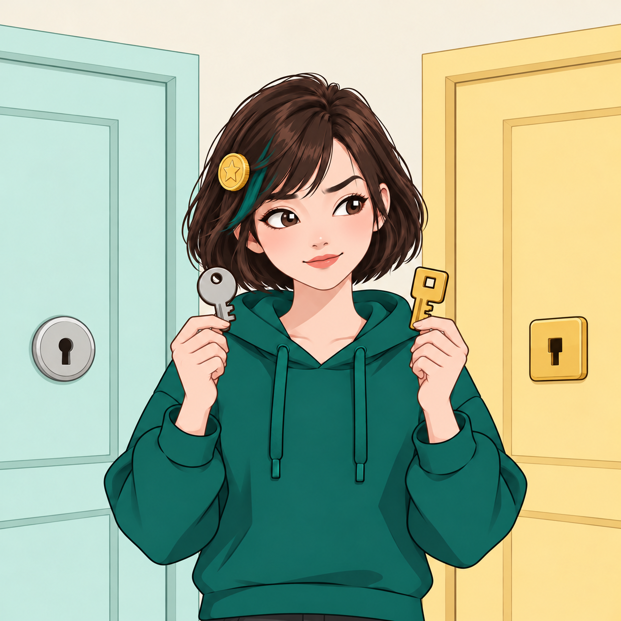 Yibao, an illustrated girl with short brown hair, a teal streak, a coin hairclip and a teal hoodie, holds a round-headed key on the left and a square-headed key on the right. Both doors and their differently shaped lock plates are visible.