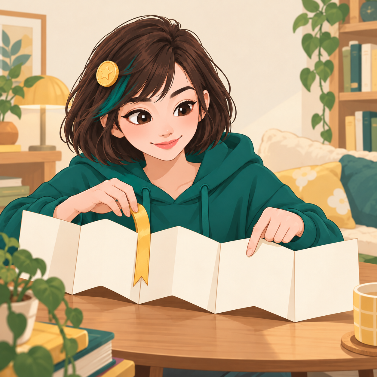 Yibao, an illustrated girl with short brown hair, a teal streak, a coin hairclip and a teal hoodie, puts a yellow ribbon into a folded paper book.