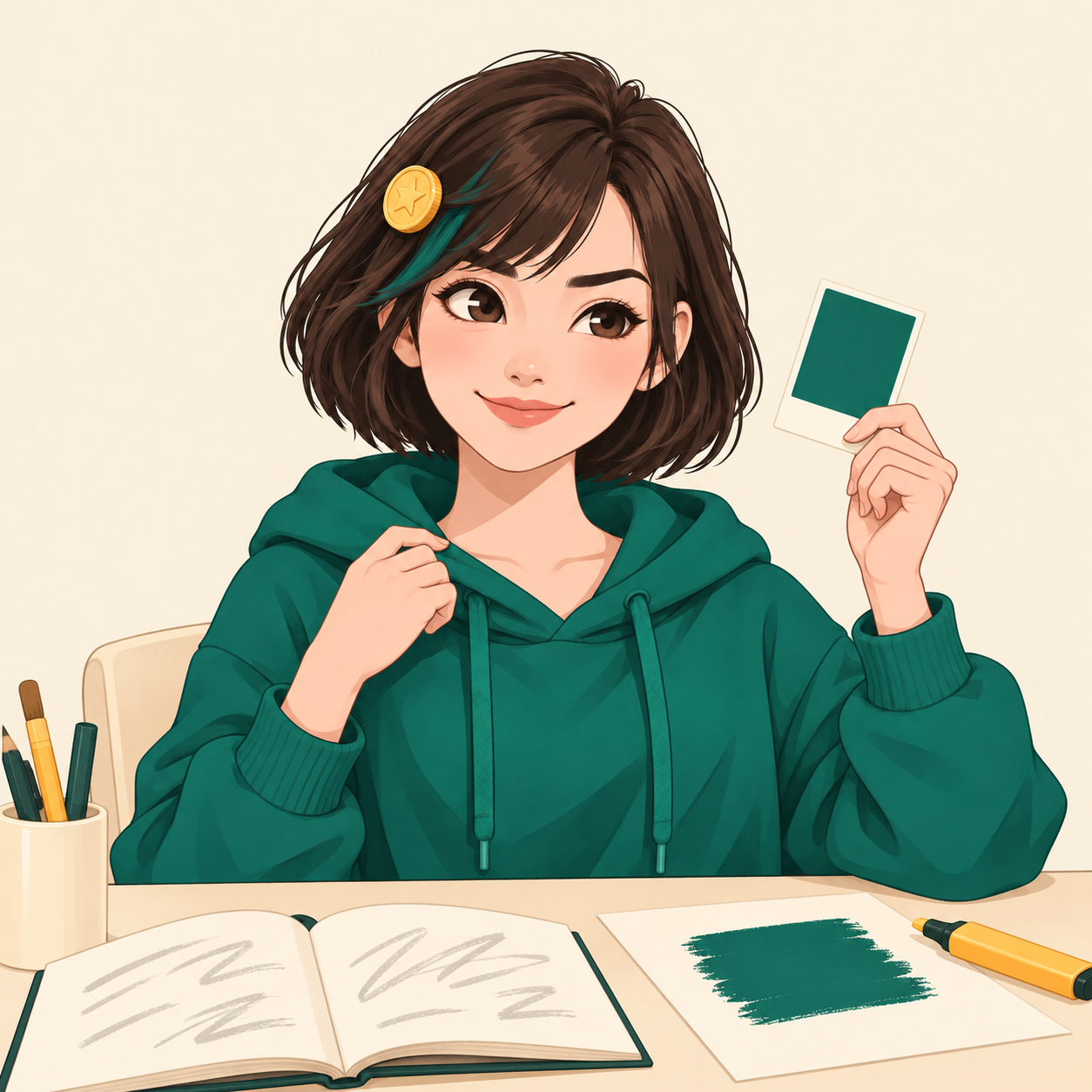 Yibao, an illustrated AI character in a teal hoodie, holds a teal color swatch beside her drawing notebook.